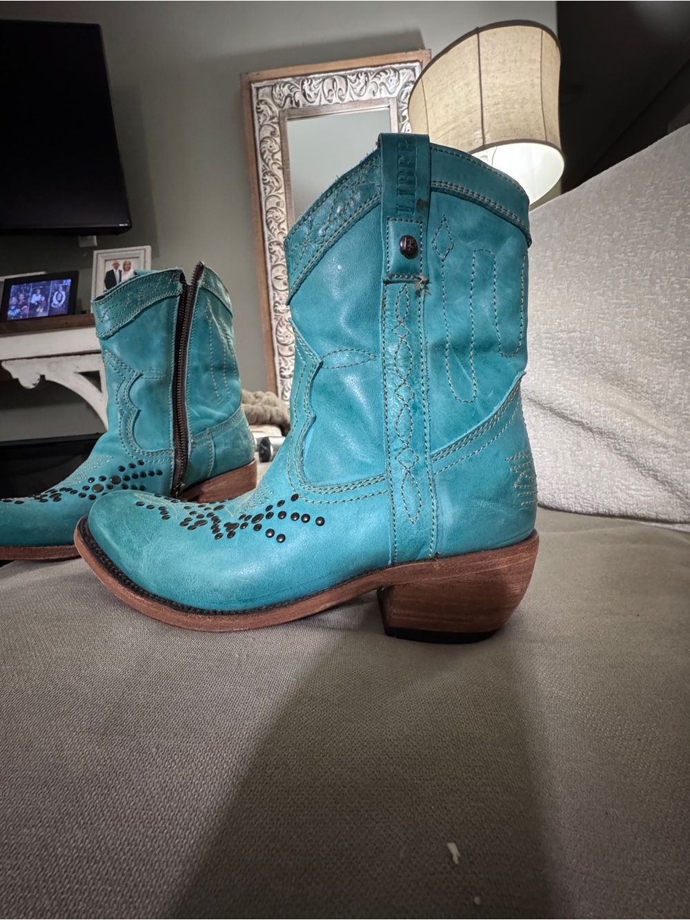 Turquoise Western Leather Ankle Boots - Women